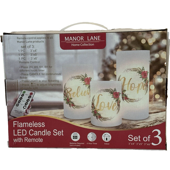 Manor Lane Home Collection Love Believe Hope LED Candle Set w/Remote Flameless - Picture 1 of 16